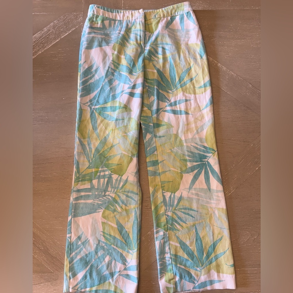 Talbots Tropical Leaf Print Wide-Leg Trousers in White, Green, Blue with Stretch
